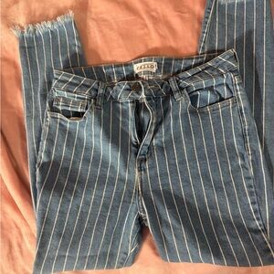 Cello Women's Blue and White Striped Straight Leg Jeans